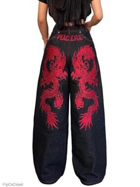 Embroidered Wide Leg Baggy Jeans High Rise Loose Streetwear Pants